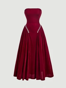 SHEIN MOD Burgundy Velvet Strapless Pearl & Rhinestone Embellished Dress - Burgundy - View 2