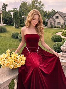 SHEIN MOD Burgundy Velvet Strapless Pearl & Rhinestone Embellished Dress - Burgundy - View 5