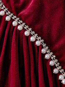 SHEIN MOD Burgundy Velvet Strapless Pearl & Rhinestone Embellished Dress - Burgundy - View 6