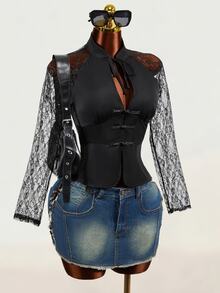 BamGleam French Sexy Goth Lace Blouse With Tie-Up And Frog Buttons Halloween Night Out Club Black Autumn - Black - View 4
