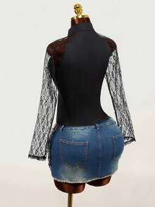 BamGleam French Sexy Goth Lace Blouse With Tie-Up And Frog Buttons Halloween Night Out Club Black Autumn - Black - View 2