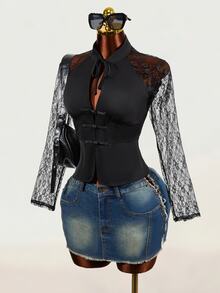 BamGleam French Sexy Goth Lace Blouse With Tie-Up And Frog Buttons Halloween Night Out Club Black Autumn - Black - View 7