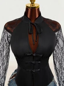 BamGleam French Sexy Goth Lace Blouse With Tie-Up And Frog Buttons Halloween Night Out Club Black Autumn - Black - View 5