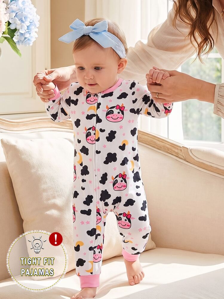 Infant Girls Snug Fit Footed Romper Sleepwear, Cute Cow Print Long Sleeve Zippered Bodysuit, Soft Skin-Friendly Spring/Autumn/Winter Home Loungewear - Multicolor - View 8