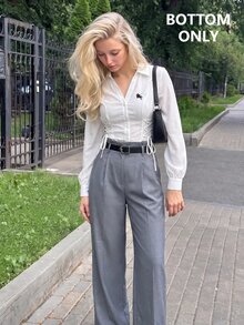 SHEIN MOD 黑色腰帶寬鬆寬腿西裝長褲 - 淺灰色 - 查看 2