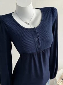 Comfortcana 女款黑色休閒Y2K拼接長袖鈕扣T恤，春季百搭，感恩節、新年女裝 - 藏蓝色 - 查看 5