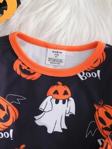 2pcs Young BoyComfortable Soft High Elastic Fabric Pink Pumpkin Ghost Print Long Sleeve Pants Pajama Set - Black - View 5