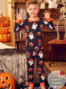 2pcs Young BoyComfortable Soft High Elastic Fabric Pink Pumpkin Ghost Print Long Sleeve Pants Pajama Set - Black - View 8