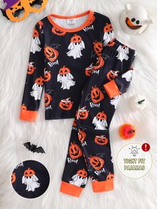 2pcs Young BoyComfortable Soft High Elastic Fabric Pink Pumpkin Ghost Print Long Sleeve Pants Pajama Set - Black - View 4