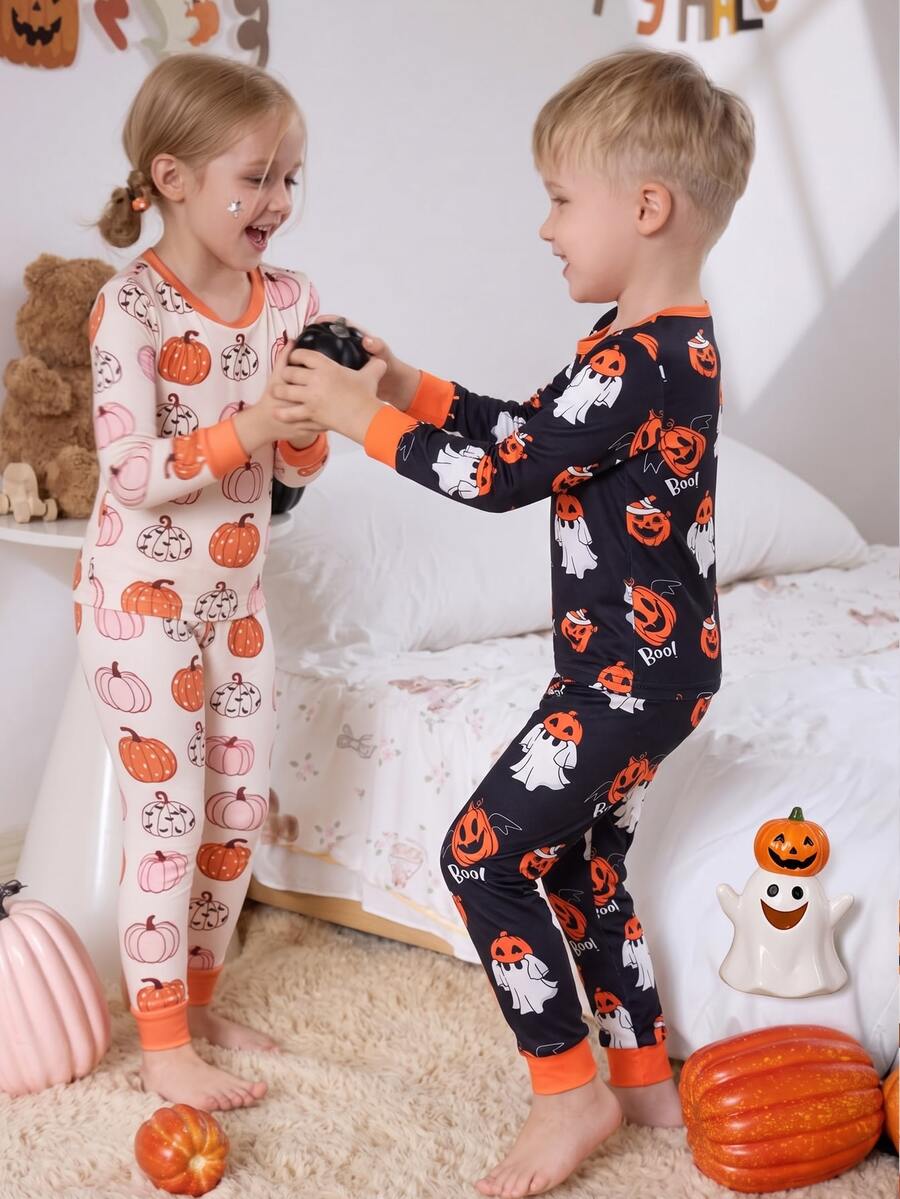 2pcs Young BoyComfortable Soft High Elastic Fabric Pink Pumpkin Ghost Print Long Sleeve Pants Pajama Set - Black - View 1