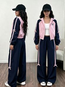SHEIN Tween女孩3件套外套套裝，寬鬆針織休閒運動可愛簡約風，秋季蝴蝶結夾克開襟衫拉鍊連帽外套，粉色海軍藍 - 彩色 - 查看 1