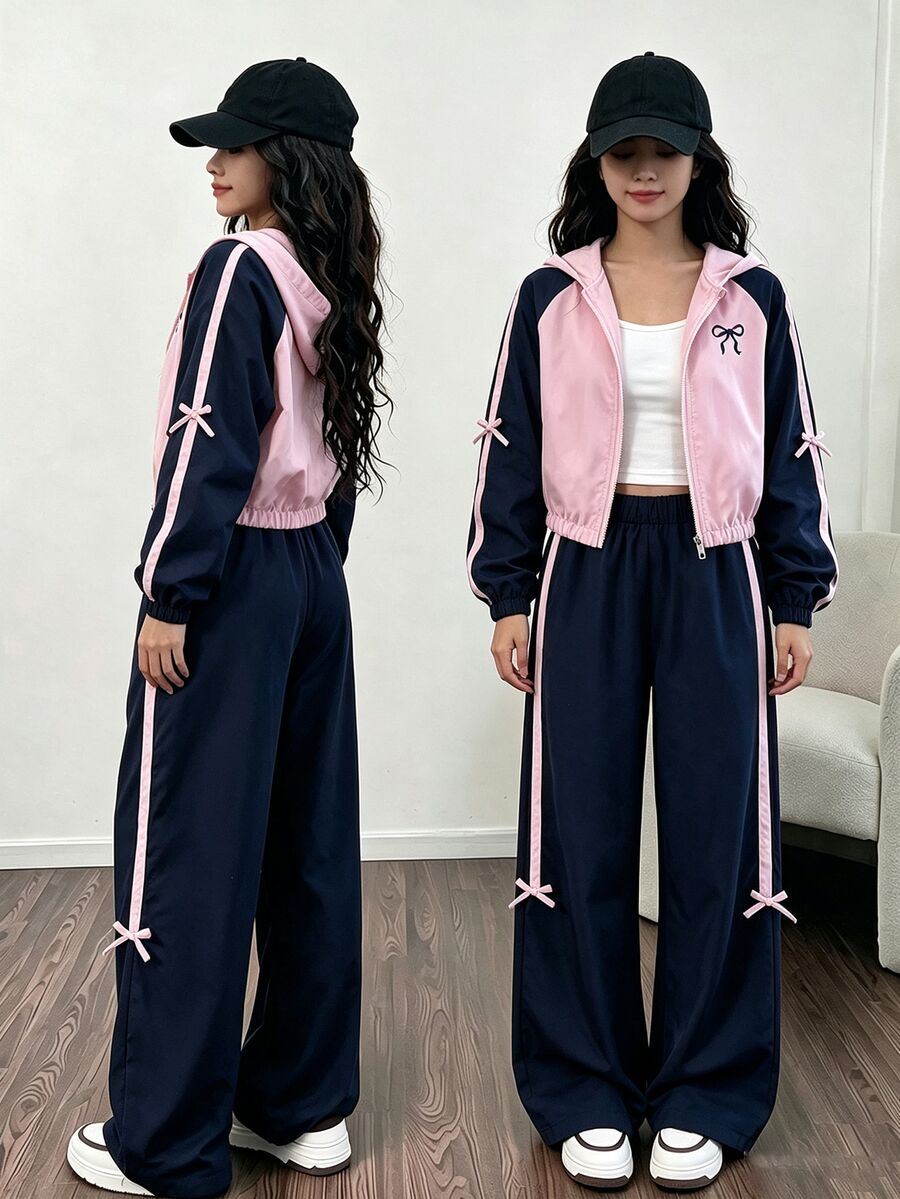 SHEIN Tween女孩3件套外套套裝,寬鬆針織休閒運動可愛簡約風,秋季蝴蝶結夾克開襟衫拉鍊連帽外套,粉色海軍藍 - 彩色 - 查看 1