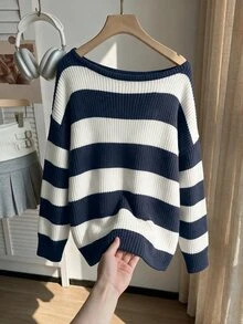 Comfortcana Plus Size Back To School Season Autumn/Winter Cold Shoulder Blue White Striped Vintage Casual Tropical Traditional Sweater Formal Vacation Evening - Navy Blue - View 5