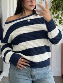 Comfortcana Plus Size Back To School Season Autumn/Winter Cold Shoulder Blue White Striped Vintage Casual Tropical Traditional Sweater Formal Vacation Evening - Navy Blue - View 8