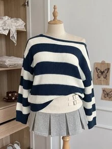 Comfortcana Plus Size Back To School Season Autumn/Winter Cold Shoulder Blue White Striped Vintage Casual Tropical Traditional Sweater Formal Vacation Evening - Navy Blue - View 2