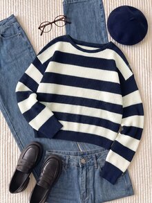 Comfortcana Plus Size Back To School Season Autumn/Winter Cold Shoulder Blue White Striped Vintage Casual Tropical Traditional Sweater Formal Vacation Evening - Navy Blue - View 1