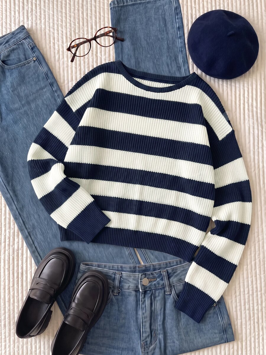 Comfortcana Plus Size Back To School Season Autumn/Winter Cold Shoulder Blue White Striped Vintage Casual Tropical Traditional Sweater Formal Vacation Evening - Navy Blue - View 1