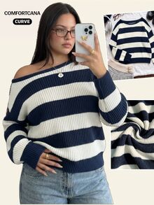 Comfortcana Plus Size Back To School Season Autumn/Winter Cold Shoulder Blue White Striped Vintage Casual Tropical Traditional Sweater Formal Vacation Evening - Navy Blue - View 7