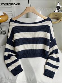 Comfortcana Plus Size Back To School Season Autumn/Winter Cold Shoulder Blue White Striped Vintage Casual Tropical Traditional Sweater Formal Vacation Evening - Navy Blue - View 3