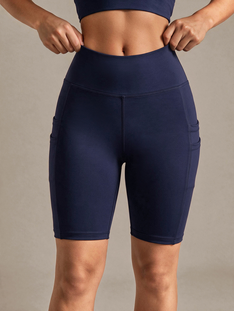 SHEIN Sports Wide Waistband Phone Pocket Side Sports Shorts Blue ShortsWomen Sweat Short, Gym Short, Biker Short - Navy Blue - View 4