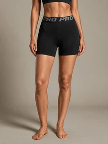 SHEIN Sports Letter Tape Waist Sports Shorts With Phone PocketWomen Sweat Short, Gym Short, Biker Short - Black - View 3