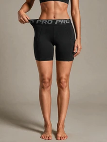 SHEIN Sports Letter Tape Waist Sports Shorts With Phone PocketWomen Sweat Short, Gym Short, Biker Short - Black - View 6