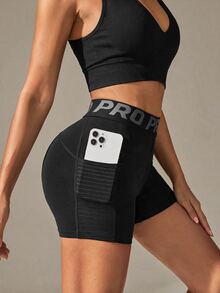 SHEIN Sports Letter Tape Waist Sports Shorts With Phone PocketWomen Sweat Short, Gym Short, Biker Short - Black - View 1