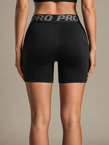 SHEIN Sports Letter Tape Waist Sports Shorts With Phone PocketWomen Sweat Short, Gym Short, Biker Short - Black - View 2