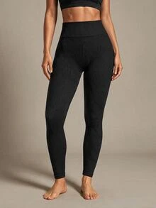 SHEIN Sports 纯色高腰无缝瑜伽紧身裤 - 黑色 - 查看 4