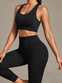 SHEIN Sports 纯色高腰无缝瑜伽紧身裤 - 黑色 - 查看 3