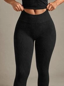 SHEIN Sports 纯色高腰无缝瑜伽紧身裤 - 黑色 - 查看 6