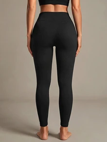 SHEIN Sports 纯色高腰无缝瑜伽紧身裤 - 黑色 - 查看 2