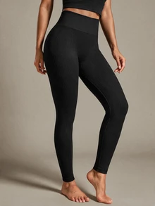 SHEIN Sports 纯色高腰无缝瑜伽紧身裤 - 黑色 - 查看 5
