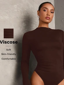SHEIN BAE Bodysuit Wanita Warna Polos Nyaman Rajut Lengan Panjang Minimalis dengan Detail Kerut dan Potongan Ramping, Serbaguna untuk Pakaian Kasual Sehari-hari, Musim Gugur - Merah tua - View 6