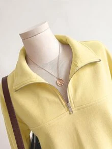 SHEIN 青少年女孩長袖抓絨秋季衣物 秋冬休閒寬鬆百搭純色衛衣，加厚，復古，街頭風，寬鬆 - 黃色 - 查看 3