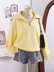 SHEIN 青少年女孩長袖抓絨秋季衣物 秋冬休閒寬鬆百搭純色衛衣，加厚，復古，街頭風，寬鬆 - 黃色 - 查看 4