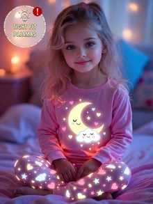 2pcs/Set Girls Pajamas Set, Pink Base Color With Cute Cartoon Moon & Cloud Pattern, Long Sleeve Top & Long Pants, Soft & Comfortable Fabric, Snug Fit, Glows Under UV Light - Multicolor - View 8