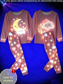2pcs/Set Girls Pajamas Set, Pink Base Color With Cute Cartoon Moon & Cloud Pattern, Long Sleeve Top & Long Pants, Soft & Comfortable Fabric, Snug Fit, Glows Under UV Light - Multicolor - View 6