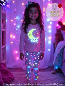2pcs/Set Girls Pajamas Set, Pink Base Color With Cute Cartoon Moon & Cloud Pattern, Long Sleeve Top & Long Pants, Soft & Comfortable Fabric, Snug Fit, Glows Under UV Light - Multicolor - View 3