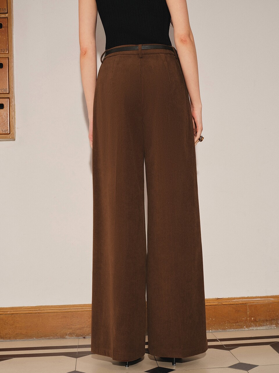 Fashionable Autumn Brown Corduroy Belted Trousers For Women, Urban Commute Style