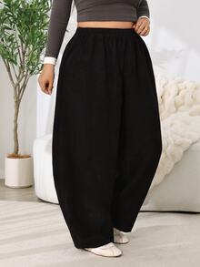 Solflare 大尺碼休閒極簡口袋寬鬆長褲，適合日常穿著 - 黑色 - 查看 4