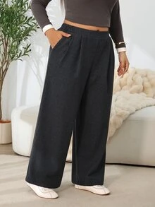 Solflare Plus Size Minimalist Pleated Pocket Casual Pants For Office And Commute - Multicolor - View 4