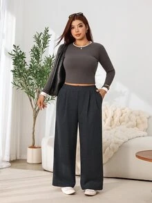 Solflare Plus Size Minimalist Pleated Pocket Casual Pants For Office And Commute - Multicolor - View 6