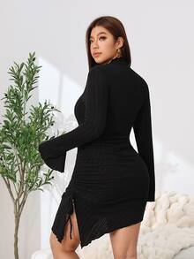 Solflare Plus Size Sexy Hot Girl Ruched Asymmetrical Hem Dress - Black - View 2