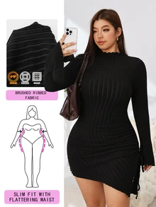 Solflare Plus Size Sexy Hot Girl Ruched Asymmetrical Hem Dress - Black - View 1