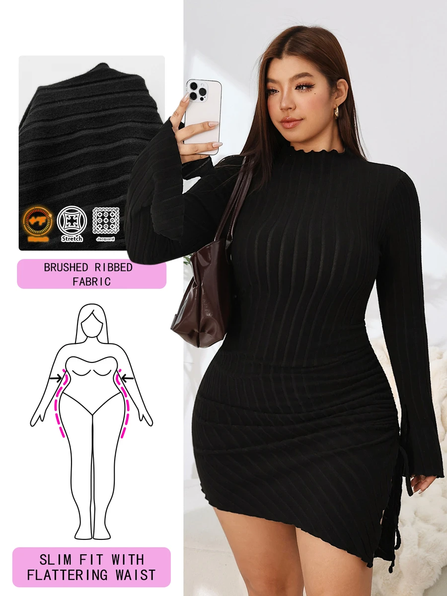 Solflare Plus Size Sexy Hot Girl Ruched Asymmetrical Hem Dress - Black - View 1