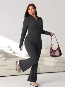Solflare Plus Size Women Solid Color Casual Zip-Up Long Sleeve Top And Slim Fit Flared Pants 2 Pieces Set - Dark Grey - View 4