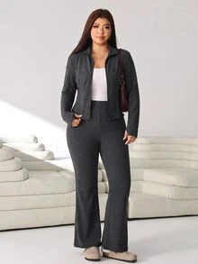 Solflare Plus Size Women Solid Color Casual Zip-Up Long Sleeve Top And Slim Fit Flared Pants 2 Pieces Set - Dark Grey - View 7