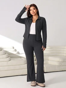 Solflare Plus Size Women Solid Color Casual Zip-Up Long Sleeve Top And Slim Fit Flared Pants 2 Pieces Set - Dark Grey - View 6