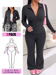 Solflare Plus Size Women Solid Color Casual Zip-Up Long Sleeve Top And Slim Fit Flared Pants 2 Pieces Set - Dark Grey - View 1